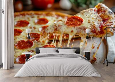 A delicious pepperoni pizza with melted cheese and a slice being lifted. Wall mural