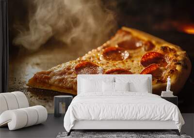 A delicious slice of pepperoni pizza with melted cheese and steam rising. Wall mural