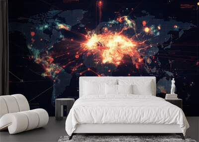 A digital world map illustrating global data flow and connectivity with vibrant light patterns. Wall mural