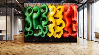 A vibrant arrangement of sliced bell peppers in green, yellow, and red on a wooden board. Wall mural