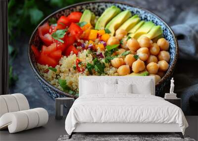 A vibrant bowl of quinoa salad with fresh vegetables and chickpeas. Wall mural