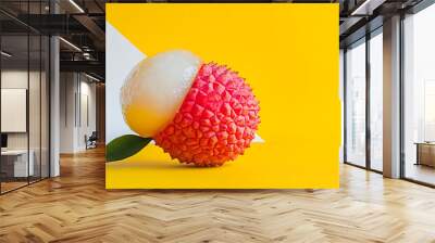 A vibrant lychee fruit with a glossy white flesh against a bright yellow background. Wall mural