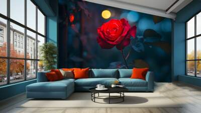 A vibrant red rose illuminated against a blurred background, showcasing beauty and elegance. Wall mural