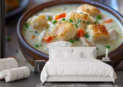 A warm bowl of creamy chicken soup with vegetables and biscuit toppings. Wall mural