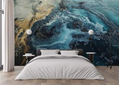 An abstract view of water with swirling patterns and colors, resembling a natural landscape. Wall mural