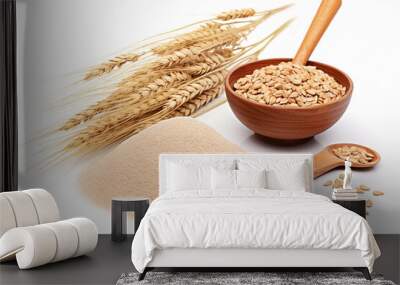 Spelt bran and grains with ears of wheat isolated on white background Wall mural