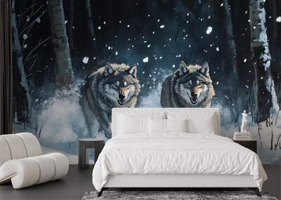 Two wolves running through a snowy forest, creating a dynamic and wild atmosphere. Wall mural