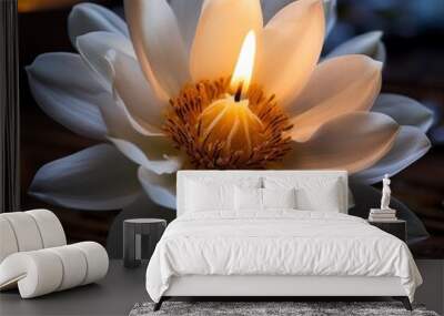 warm candlelight illuminates a delicate white flower the soft glow creates a peaceful and serene atmosphere Wall mural