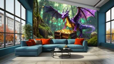 a captivating illustration of a regal purple dragon surrounded by mossy rocks and trees in the forest standing over an open treasure chest brimming with golden coins the detailed concept art boasts Wall mural