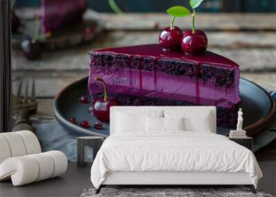 A dish of delicious purple cake and two cherries on the wooden table Wall mural