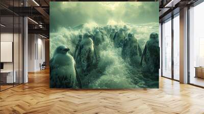 a group of penguins walking into the ocean Wall mural