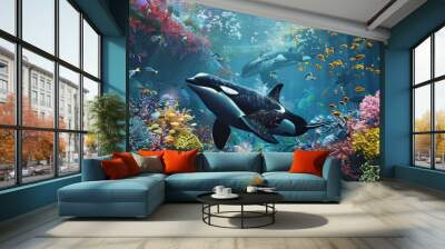 a painting of an orca swimming in the ocean Wall mural