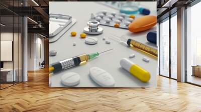 a table topped with medical supplies and pills Wall mural