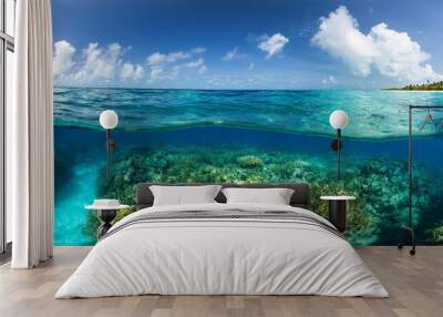 above and below surface of the caribbean sea with coral reef underwater and a cloudy blue sky Wall mural