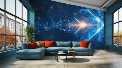 Abstract blue arrow glowing with lighting and line grid on blue background technology Wall mural