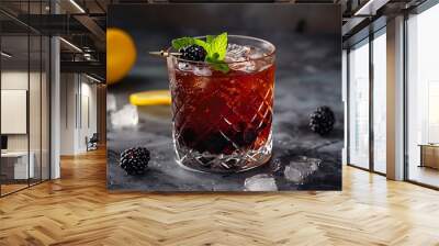 Alcoholic Blackberry Gin Bramble Cocktail with Lemon Wall mural