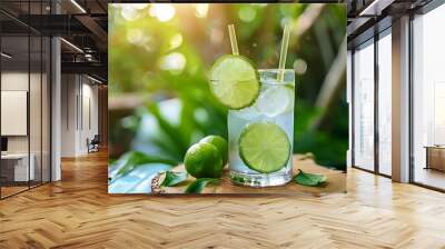 Alcoholic drink gin tonic cocktail with lime ice and straws on a wooden board on a garden table Wall mural