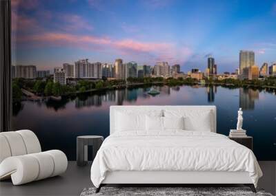 Panoramic shot of lake Eola and the Orlando city skyline at sunrise Wall mural