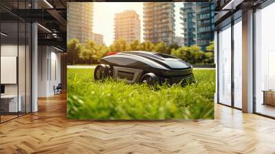 Automatic robotic lawn mower moving on green lawn near modern residential apartment building houses. Wall mural