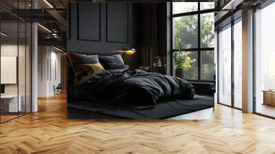 Black modern and retro style bedroom with black and dark materials Wall mural