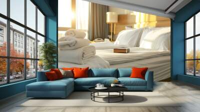 Bright and sunny vacation hotel room with suitcases and clean towel service on the bed Wall mural