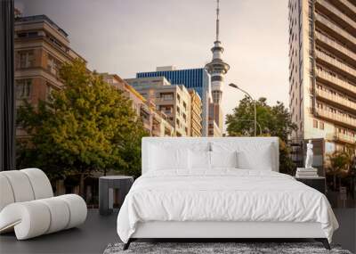 Auckland skyline with sunset in New Zealand. Wall mural