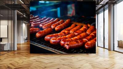 close up of sausages cooking on a bar b q barbeque bbq grill Wall mural