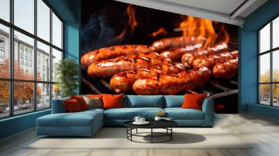 close up of sausages cooking on a bar b q barbeque bbq grill Wall mural