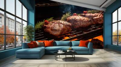 Close up view of beef steaks grilling on a bar b q flame barbeque Wall mural