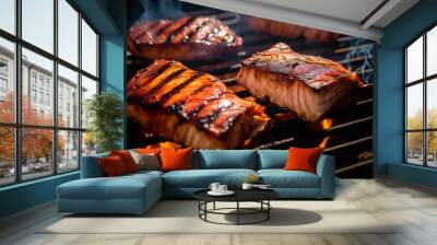 Close up view swordfish steaks cooking on a bar b q barbeque bbq grill with flames licking at the fish Wall mural