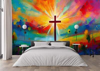 colorful painting art of an abstract background with cross christian illustration Wall mural