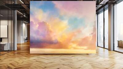 colorful watercolor background of abstract sunset sky with puffy clouds in bright rainbow colors of pink blue yellow orange and purple Wall mural