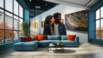 Diverse young couple smiling at an art museum Wall mural