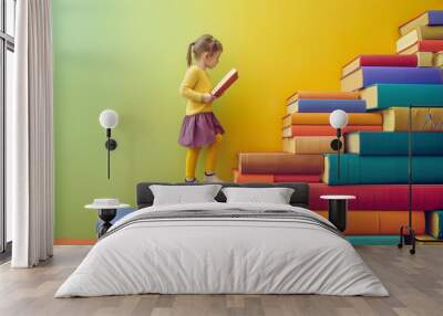 Education / ambition concept young girl reading a book while climbing stairs made of books Wall mural