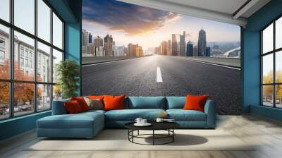 Empty urban asphalt road exterior with city buildings background New modern highway concrete construction Concept of way to success Transportation logistic industry fast delivery New York Wall mural