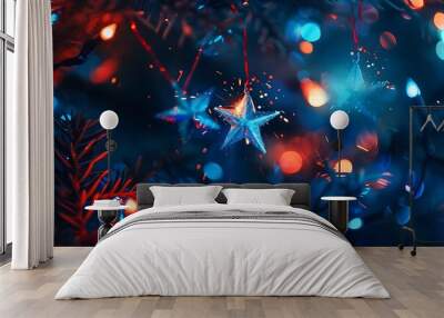 Evening celebration with blue and red star sparkles and festive lights, clear HD capture, Wall mural