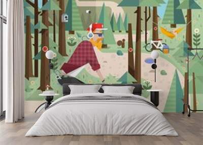 Mountain background vector illustration with hipster on bike Wall mural