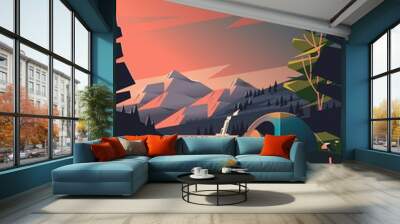 mountain landscape with trees and tent Wall mural