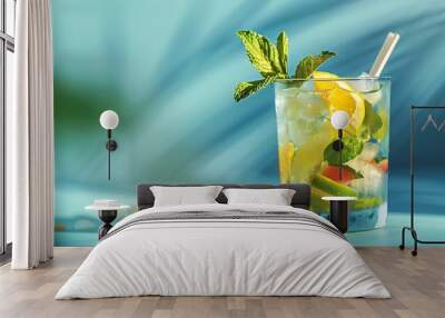 fresh summer caipirinha cocktail on blue background Wall mural