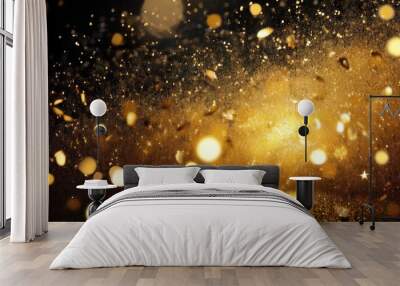 gold dust light sparkle luxury glow christmas confetti magic shine banner with a background image of golden dust and black sequins falling around likes nebula galaxy and star in universe Wall mural