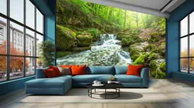 Beautiful landscape of a river flowing in a bright green forest with a soft sunlight Wall mural