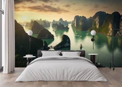 ha long bay at vietnam as travel scene created with Generative AI technology Wall mural