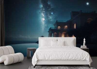 luxury house with pool in the night created with Generative AI technology Wall mural