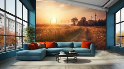 wind turbines at sunset created with Generative AI technology Wall mural