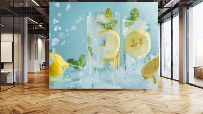 Homemade lemonades in misted glasses with ice cubes over light blue background Wall mural