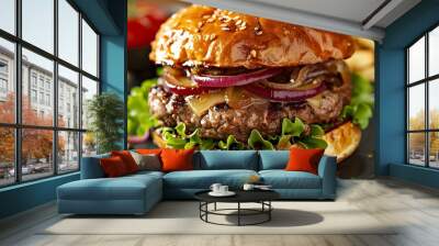 Homemade tasty hamburger with beef cheese and caramelized onions Wall mural