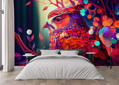 Abstract colorful owl in tree in forest as background illustration (Generative AI) Wall mural