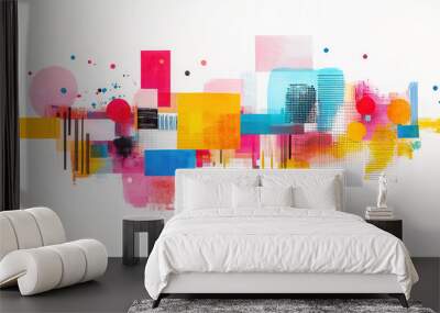 Abstract contemporary art collage with vibrant geometric shapes and colors creating a dynamic and visually stimulating composition on a clean white background. Wall mural