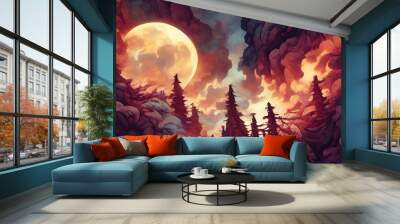 Abstract fairy tale forest landscape background with full moon and dark clouds Wall mural