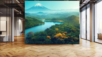 Beautiful japanese landscape in summer with forest, river and mount fuji in the background Wall mural